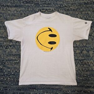 Copyright Liberation Front White Tee with Yellow Smiley Design
